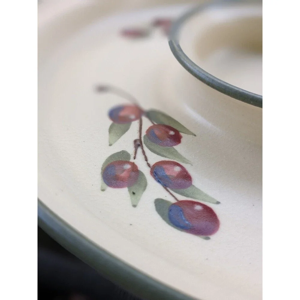 Cranberry Pottery Appetizer Dish With Bowl Attached for Dip Signed KTJ Red Cream
